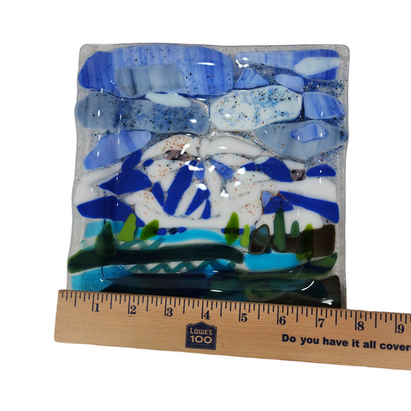 Fused Glass Plate Square 7.5x7.5" Mountain‎ Lake Trees Clouds Blue Green White - Picture 10 of 10